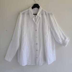 J. Jill Roll Tab Shirt M Love Linen White Tunic Casual Swing Coastal Grandma